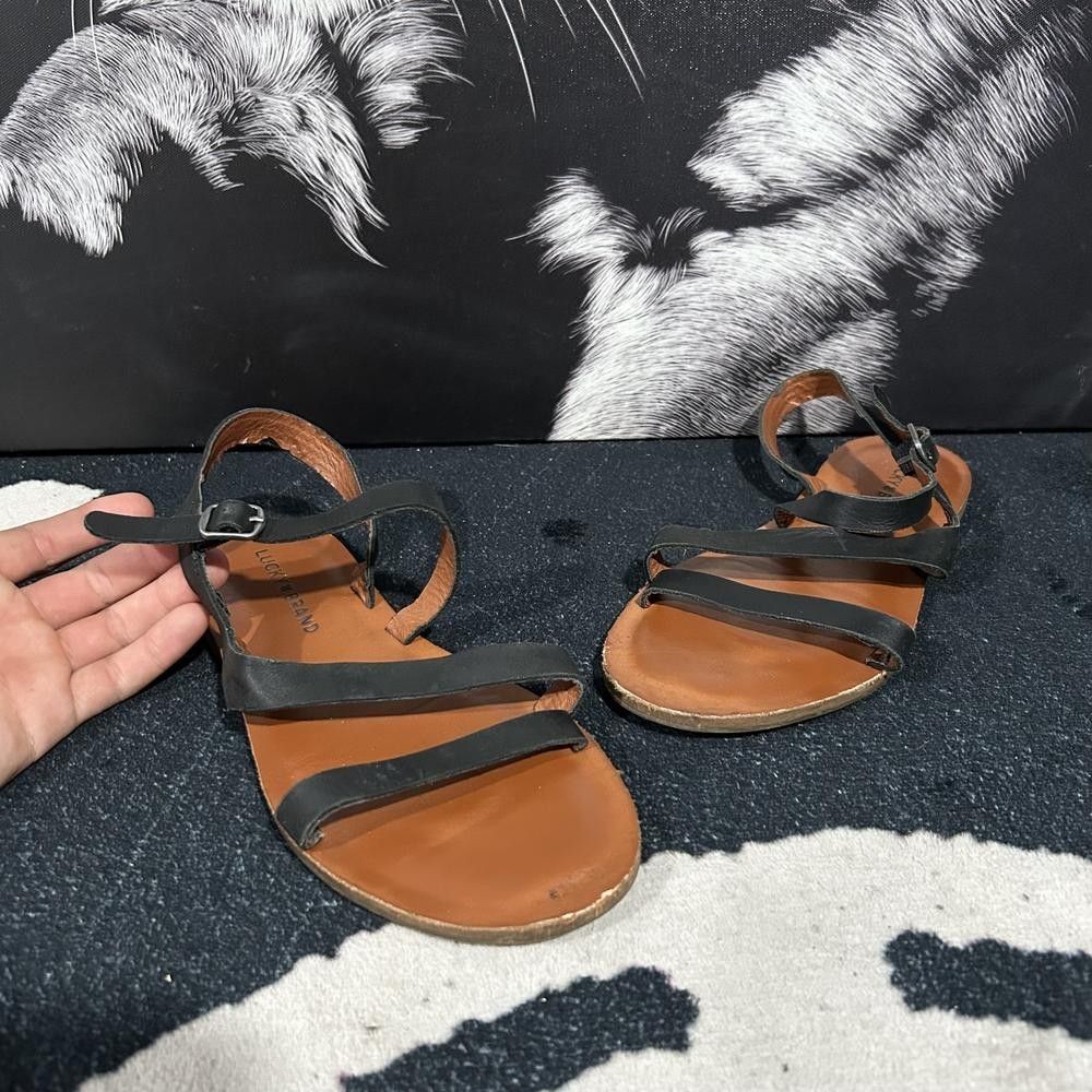 Lucky Brand Alexcia Strappy Sandal Womens 7M Black Leather Slingback Ankle Strap